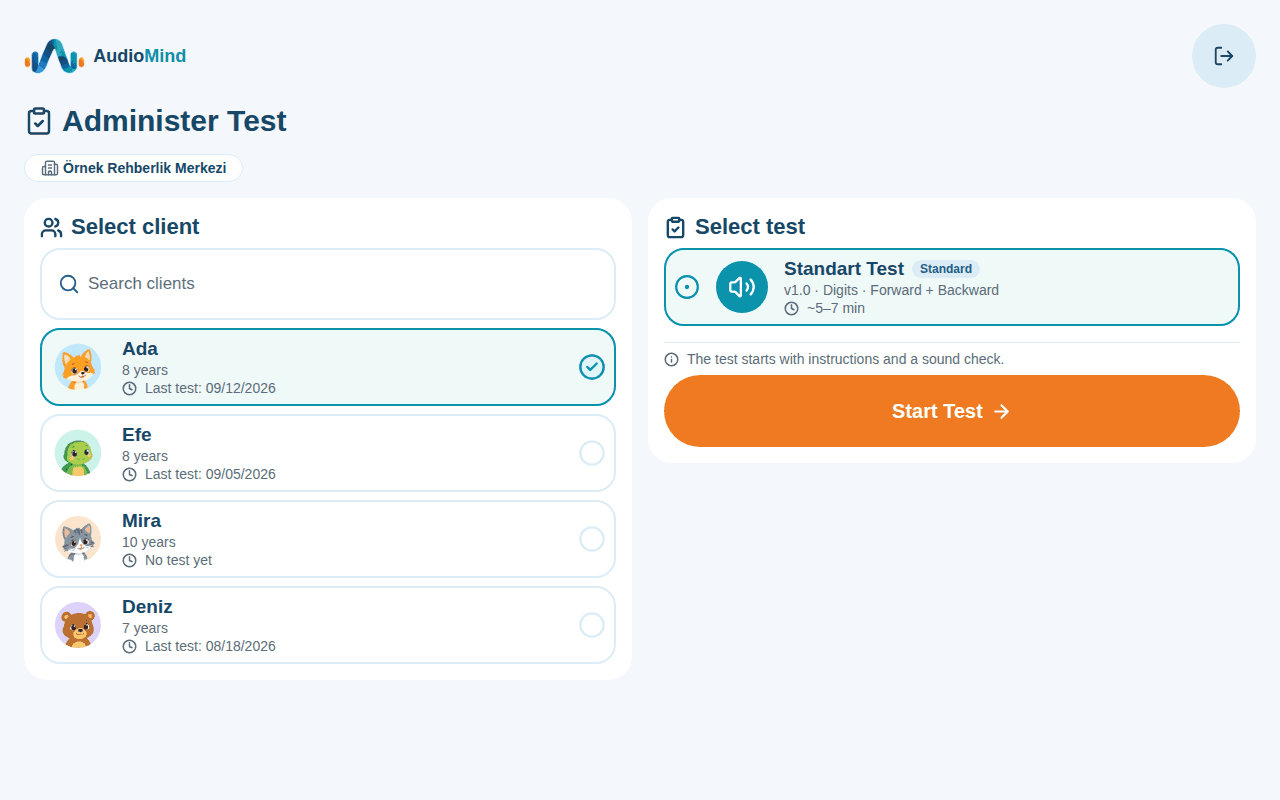 AudioMind expert test mode: client and test selection (tablet)